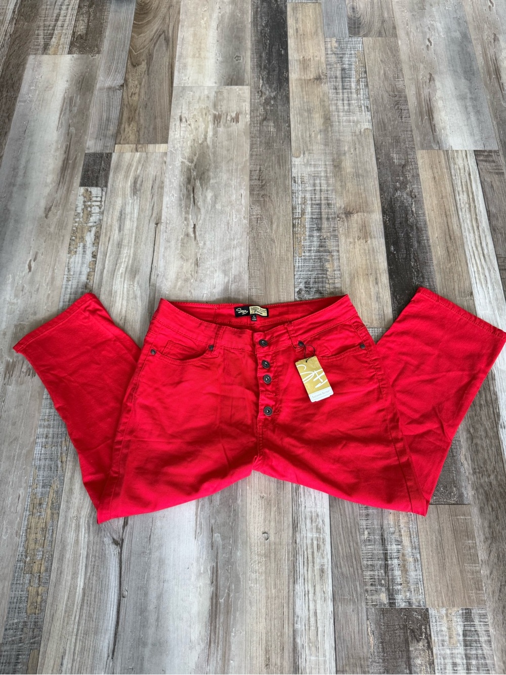 Red denim jeans